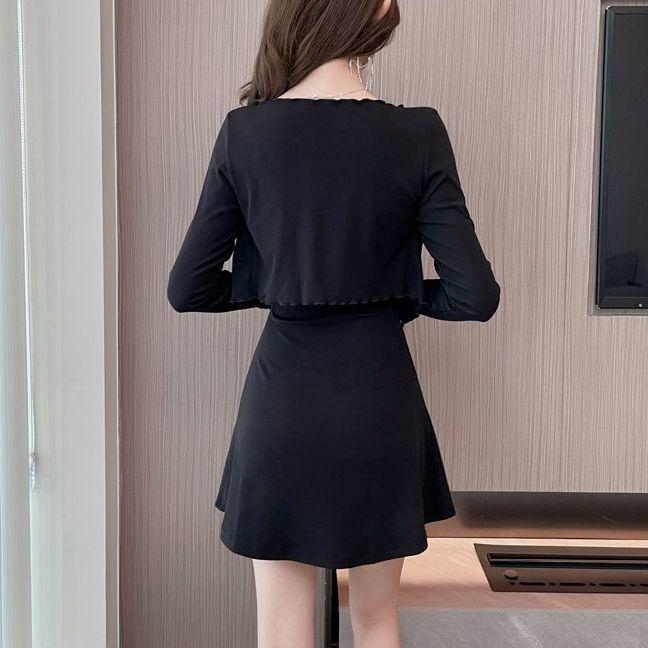 2026 Spring/Summer Elegant Two-Piece Cardigan & Slim Camisole Short Dress Set, European & American Style, Long Sleeve