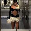 European and American Sexy Crop Top Flare Sleeve Tops Contrast Color Tutu Skirt Suit Top and Short Skirt Set