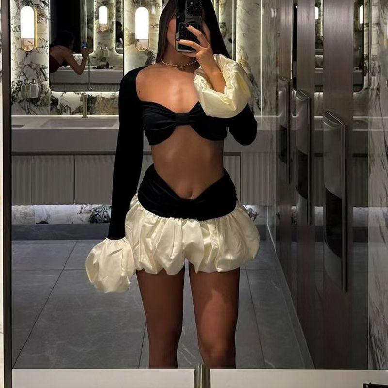 European and American Sexy Crop Top Flare Sleeve Tops Contrast Color Tutu Skirt Suit Top and Short Skirt Set