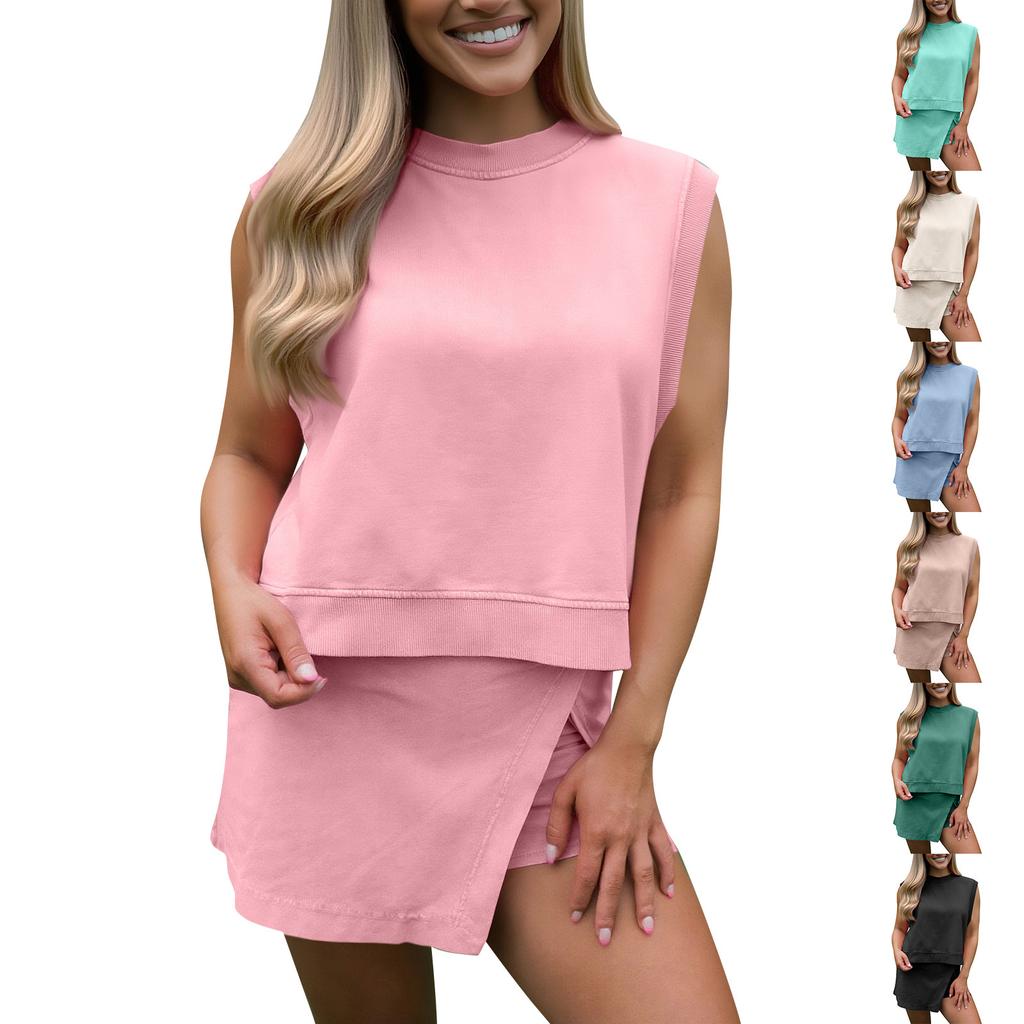 Women's Summer Loose Beach Vacation Leisure Round Neck Vest Elegant Shirt Sleeveless  Shorts