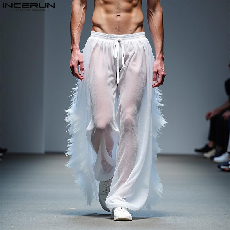 

INCERUN Men Elastic Waist See Through Tassel Mesh Sheer Long Trousers Pants 5XL чорний
