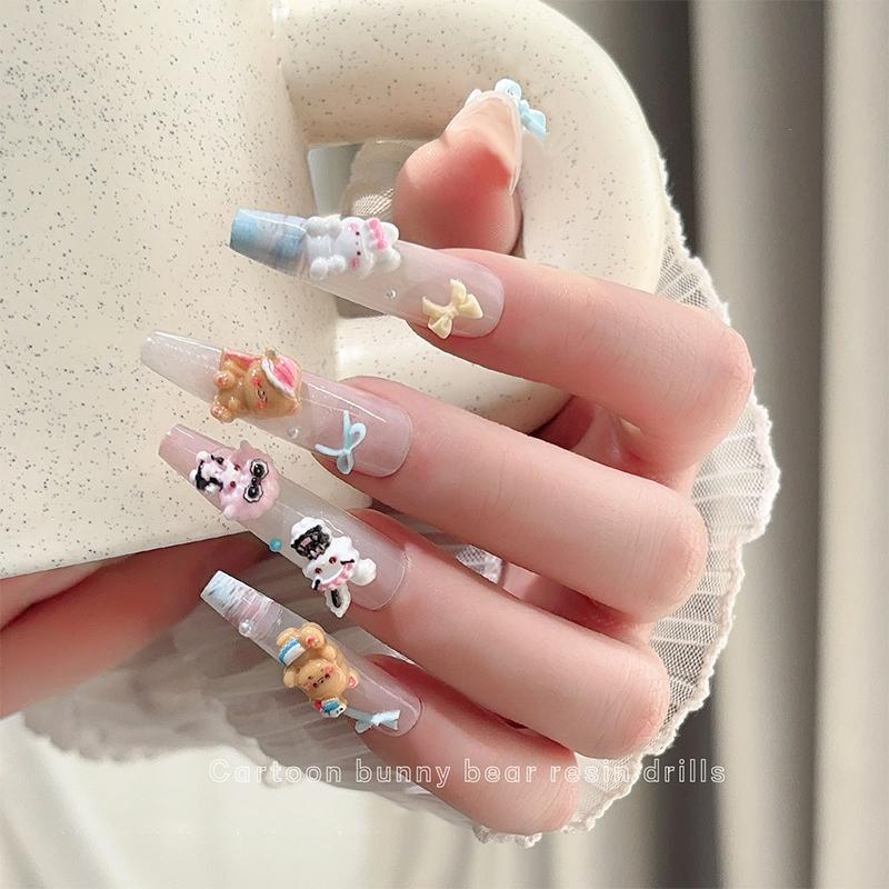 30Pcs Cartoon Bunny Nail Art Charm 3D Candy Color Resin Cartoon Little Brown Bear Nail Decoration Kawaii Nail Accessories