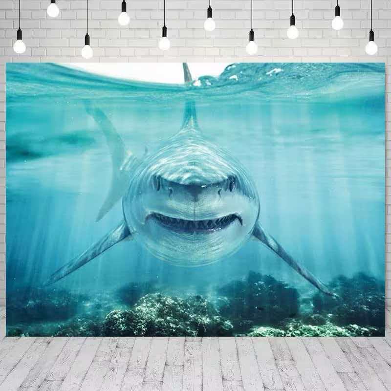 Shark Under The Sea Theme Background Underwater Great White Shark Aquarium Party Decor Banner Photo Studio Photography Backdrop Vinyl 100X75cm