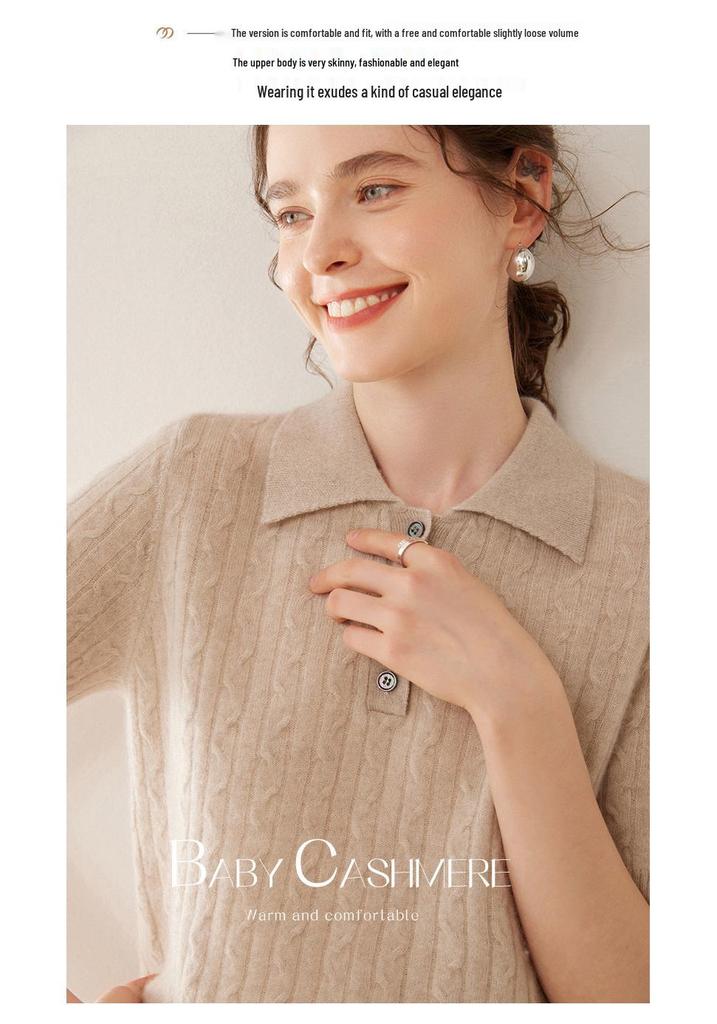 Short-Sleeve Women's Cashmere Polo with Lambswool Collar, Loose Fit, Versatile Cable Knit.