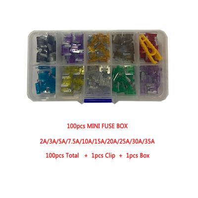 100Pcs Profile Mini Size Blade Car Fuse Assortment Set for Auto Cars Truck 2/3/5/7.5/10/15/20/25/30/35A Fuse with Plastic Box