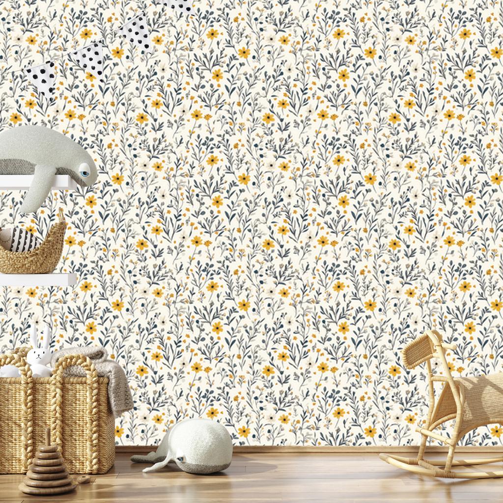 Wild Flowers Wallpaper Light Gray and White for Living Room and Bedroom 50x1000