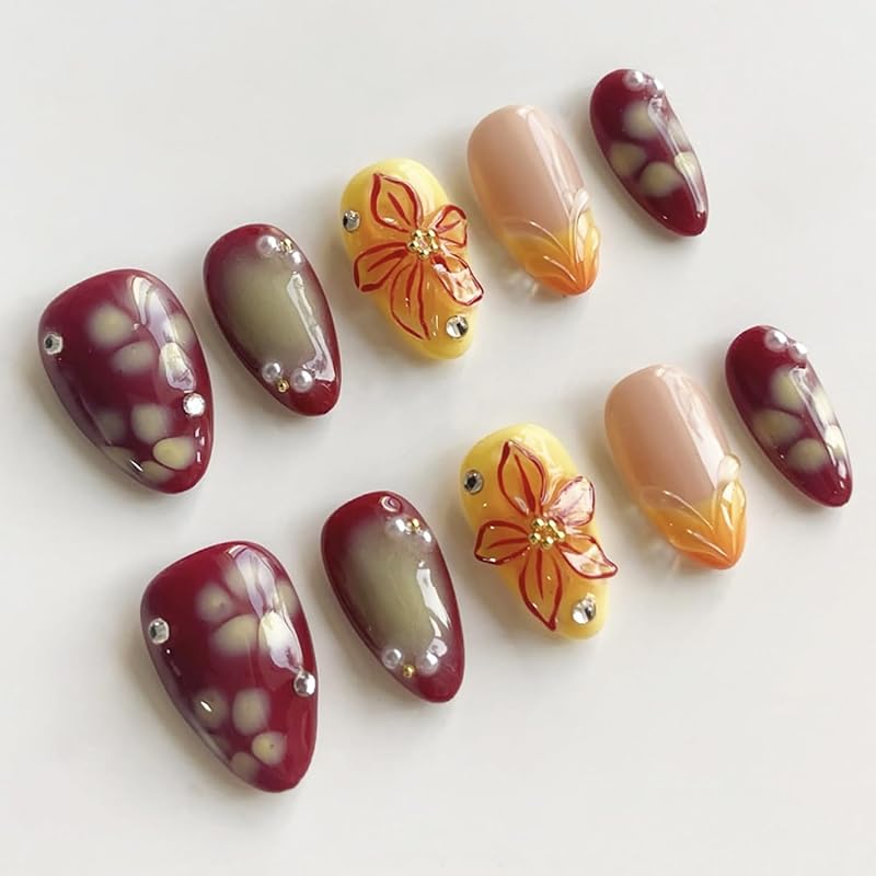 30Pcs Fall Press On Nails Medium Almond Red Maple Leaf Fake Nails with Gradient Designs Fall Leaves Stick On Nails Full Cover Autumn Acrylic Nails
