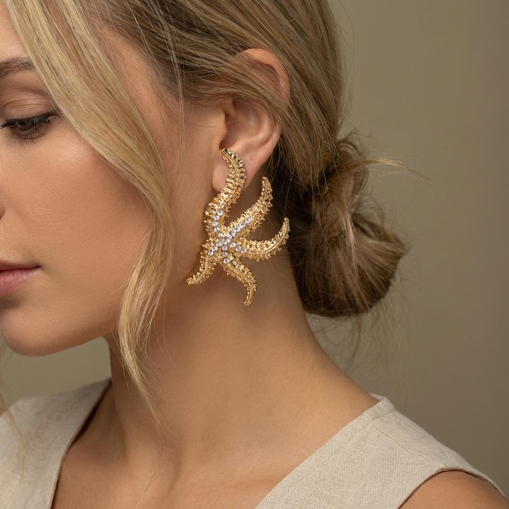 Oversized Crystal Starfish Statement Earrings for Women Gold Color Starfish Rhinestone Statement Earrings Summer Beach Jewelry