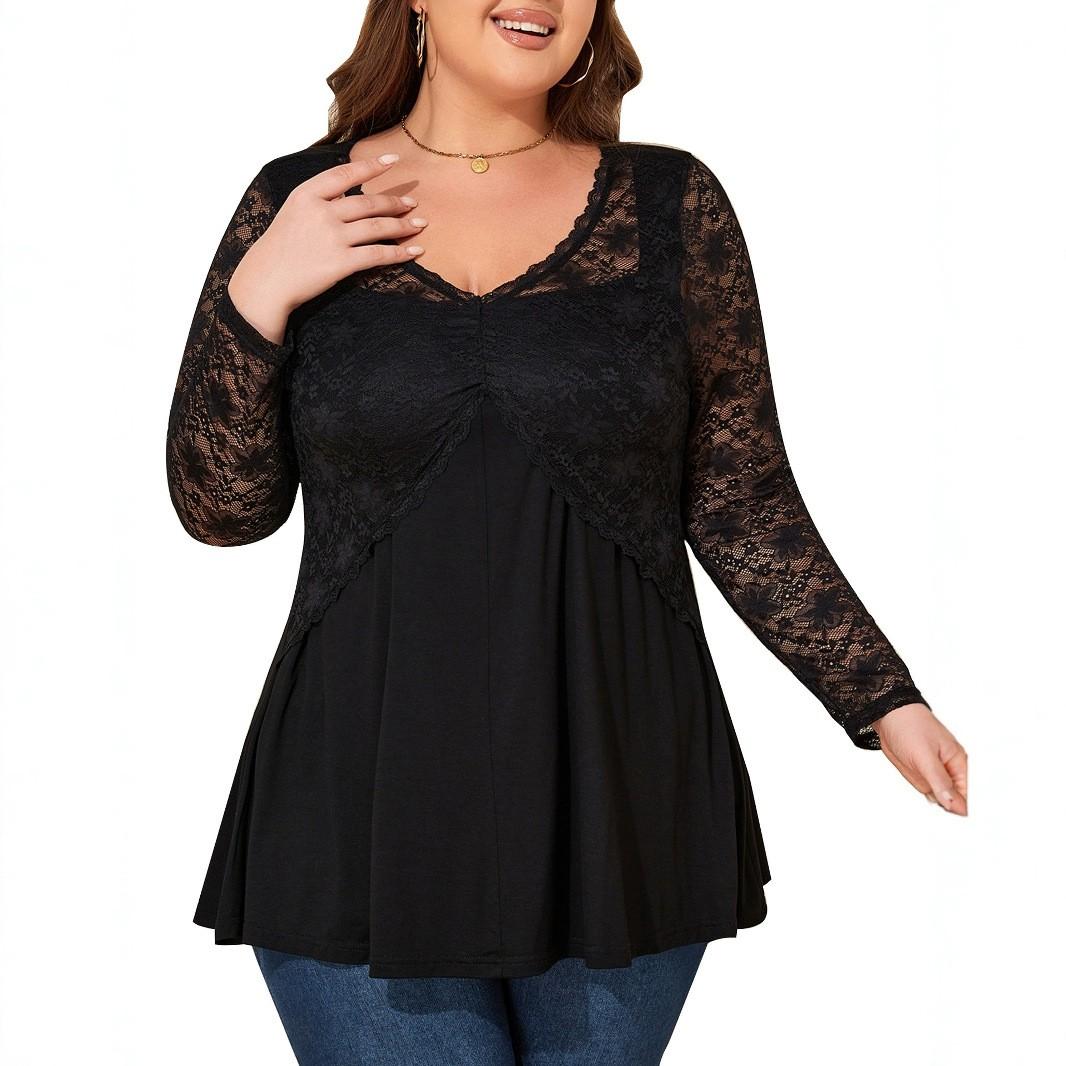 

Эластичное кружево пэчворк талия V-образный вырез плюс длинный рукав женский топ XXL чёрный