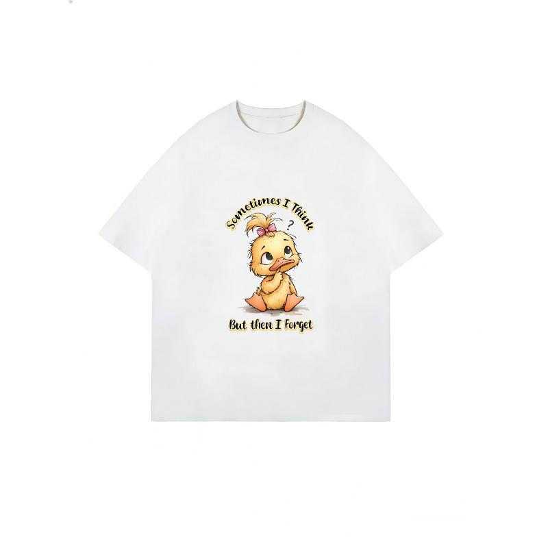 Cute Duck Print T-Shirt White Cartoon Duck With Text Sometimes I Think But Then I Forget Casual Summer Top For Women
