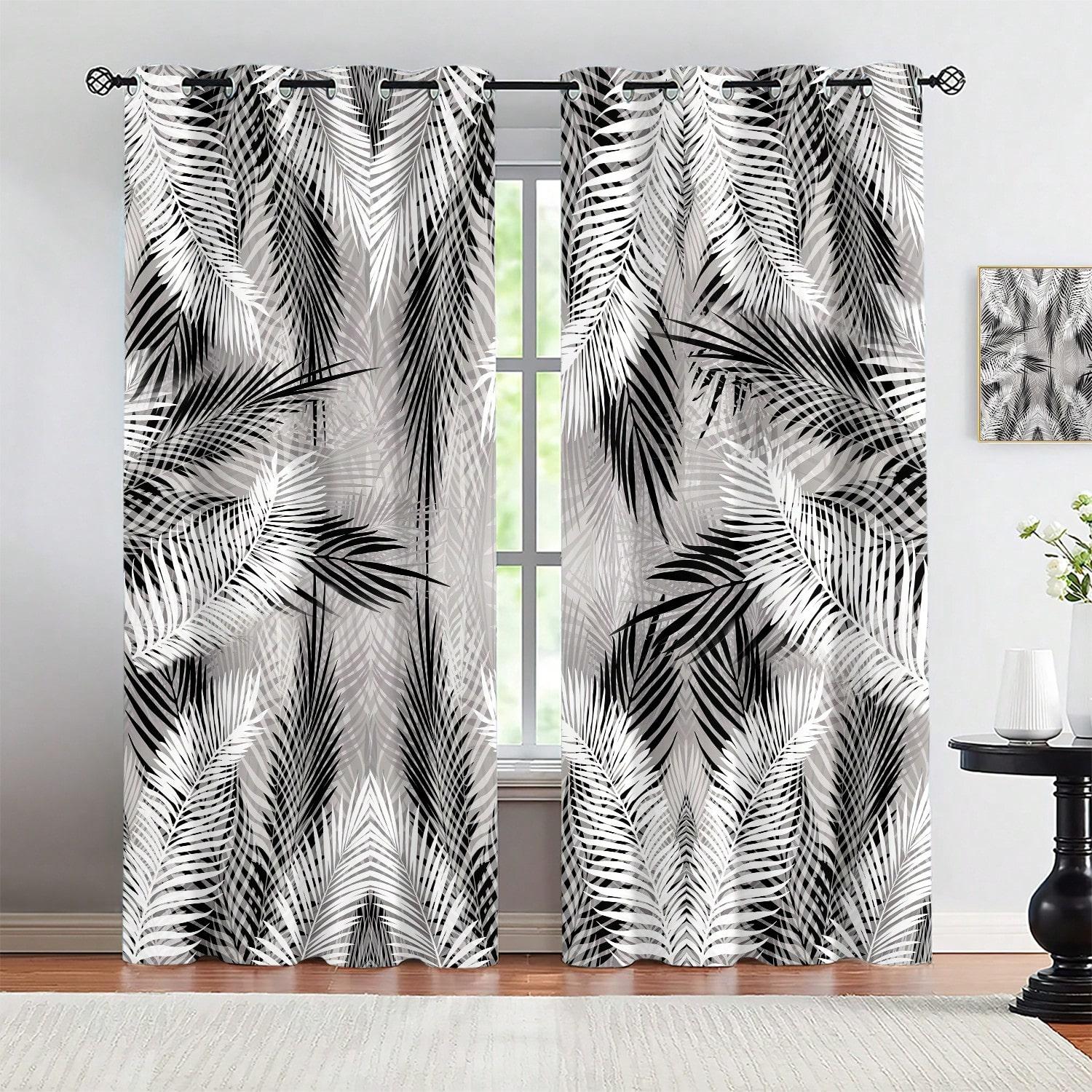 

Set Of 2 Modern Minimalist Style Living Room Curtains Black White Color Fashionable Palm Leaf Digital Printing Grom Curtain For Area Made Polyester W100*H70(CM)-Grommet top&2PCS