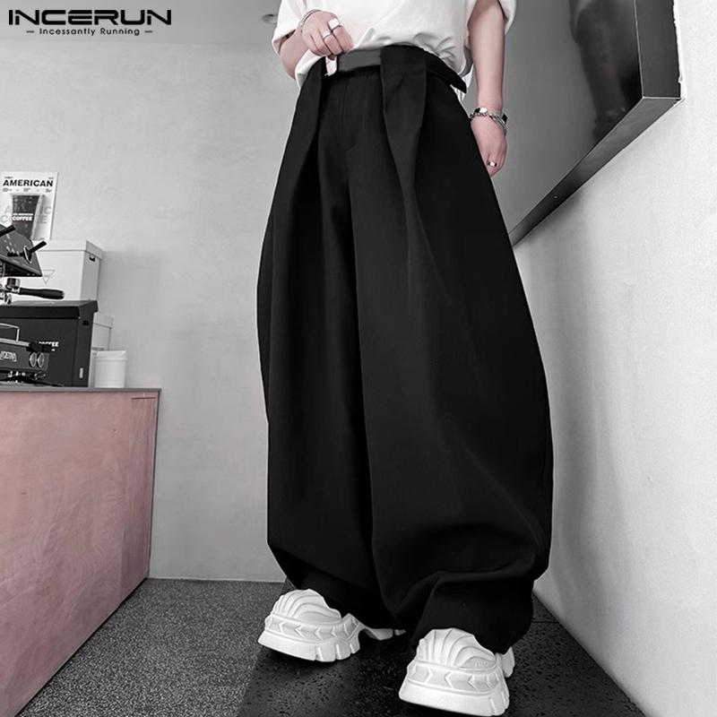INCERUN Men's High Waist Zipper Ruffled Long Wide Legs Pants Trousers