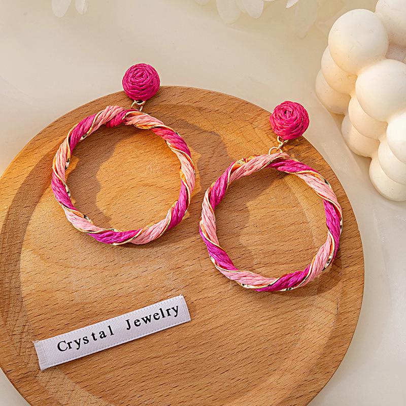 Colorful Raffia Geometric Dangle Earrings with Silver Needle