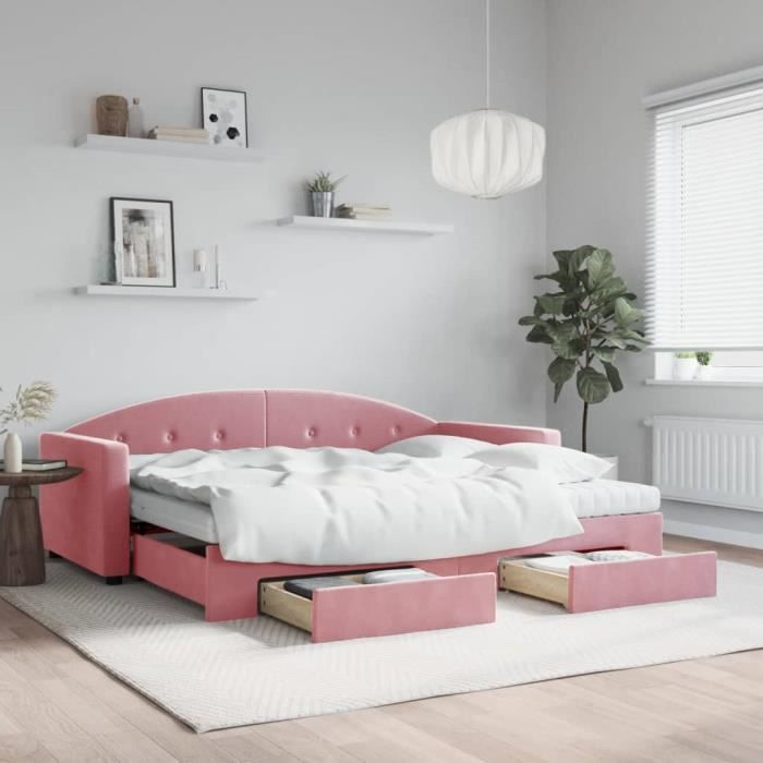 VidaXL Daybed with Trundle and Drawers Pink 90x200 Cm Velvet 3197376