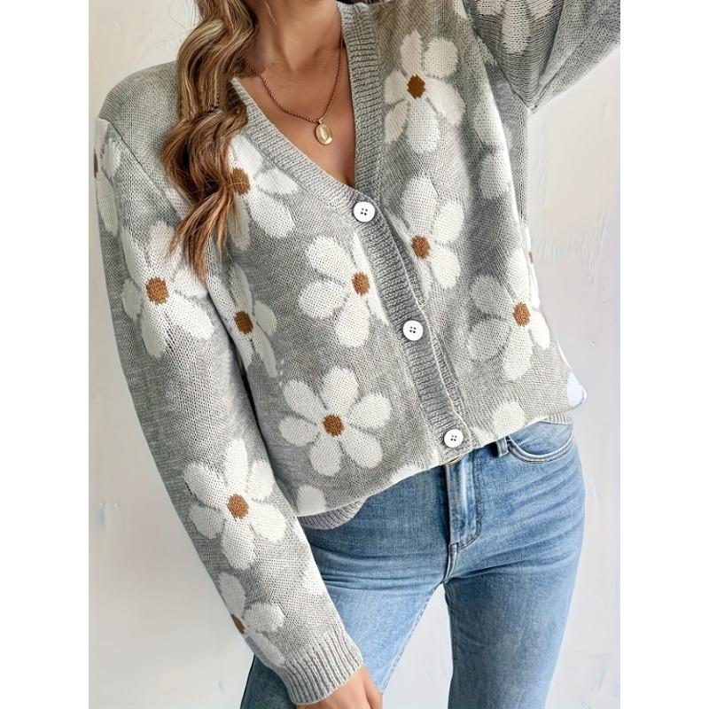 Women S V Neck Knitted Cardigan Floral Pattern Sweater Autumn Winter Outerwear