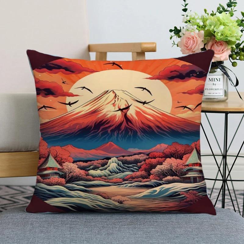 Home Decor Japanese Style Fujiyama And Wave Pillow Covers Pattern Cushion Cover Suitable For Sofa Bedroom Car Pillow Cover