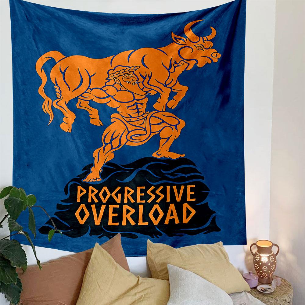 A muscular figure lifts an orange bull above "Progressive Overload" text. Patterned tapestry for bedroom and living room home decor
