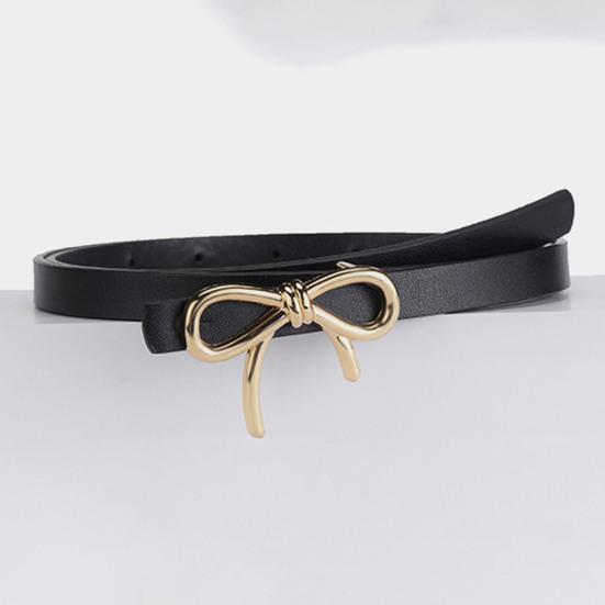 Women Belt Solid Color Metal Bowknot Decorated Imitation Leather Strap Belt Adjustable Holes Slim Waistband