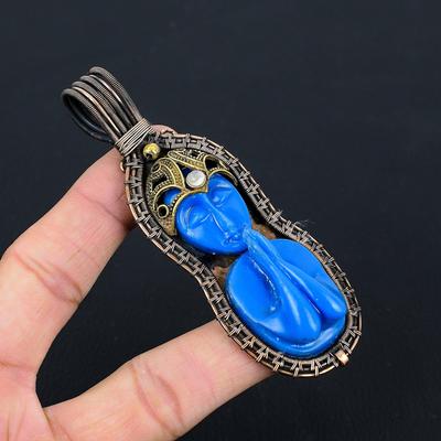Blue Praying Lady Gemstone Pure Copper Wire Wrapped Handmade Pendant Jewelry