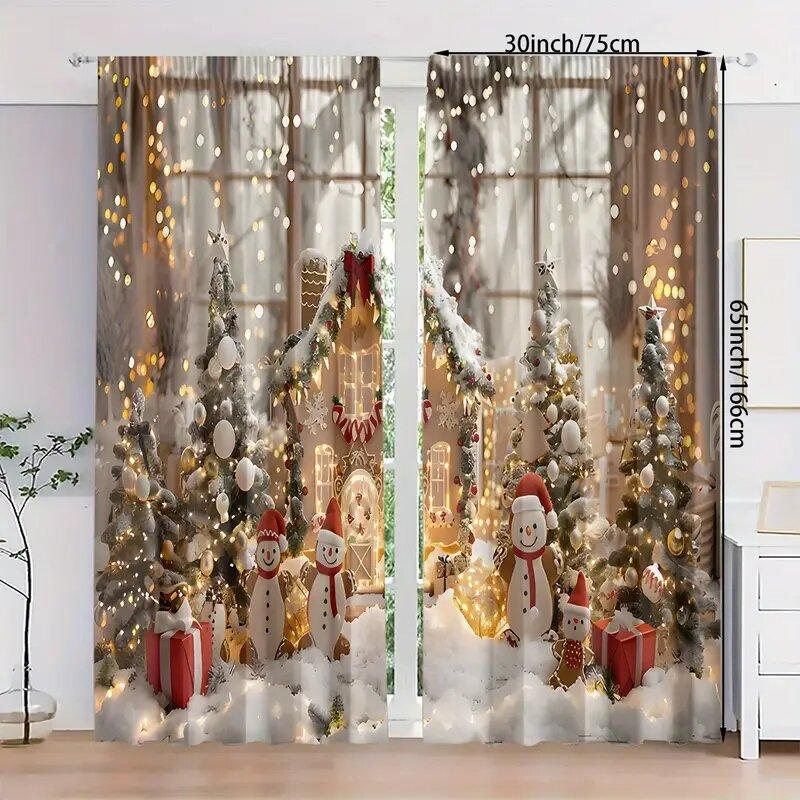 Set Of 2 Christmas Holiday Snowman Tree Pattern Printed Curtains Home Decoration Room Curtain Polyester