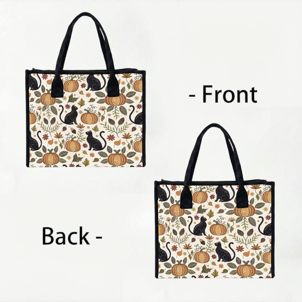 Halloween Black Cat Pumpkin Print Canvas Tote Bag Fashion Casual Large Capacity Shopping Handbag for Daily Use