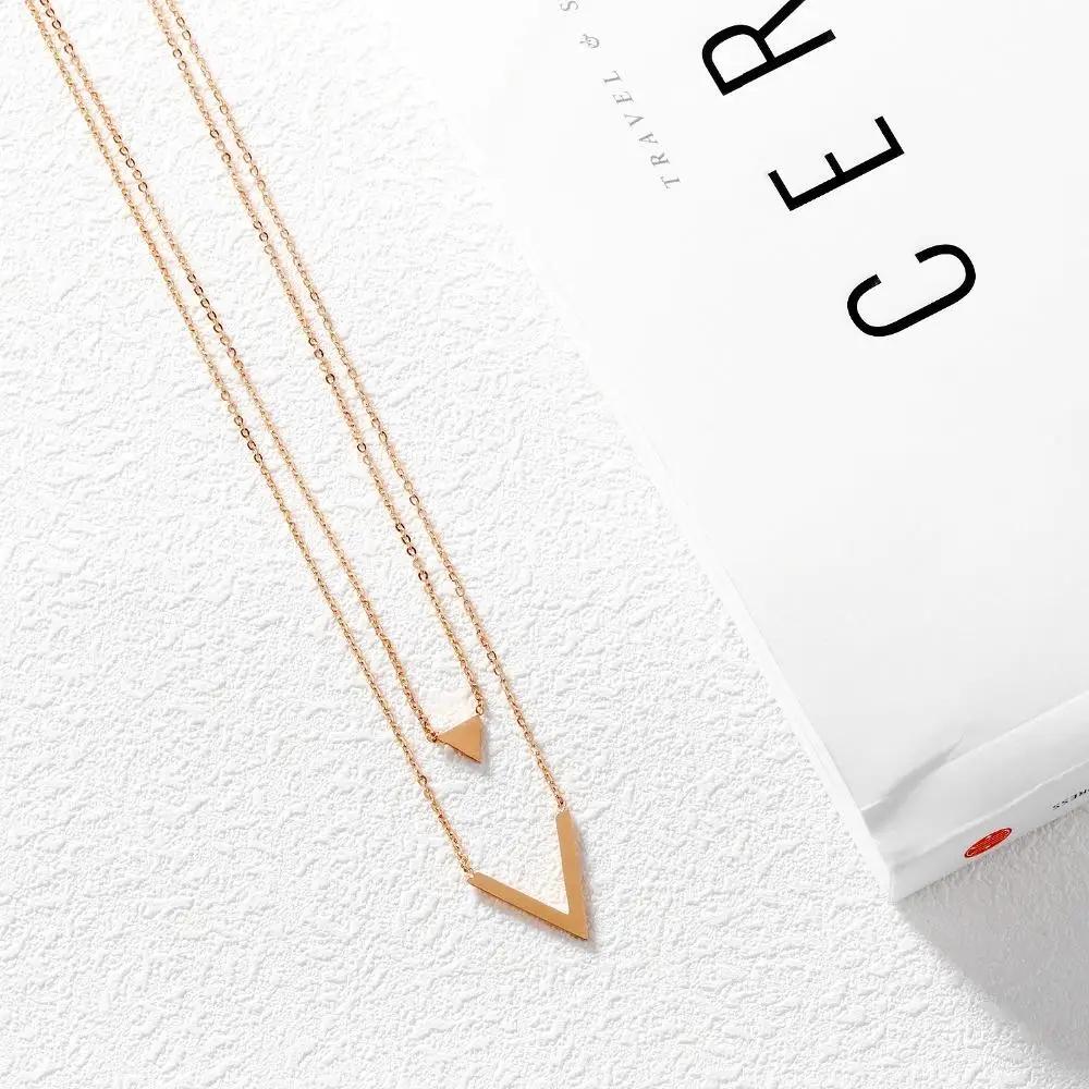 Ladies Necklace Innovative Double Pendant Long Chain Hollow Triangle V-shaped Stainless Steel Necklace