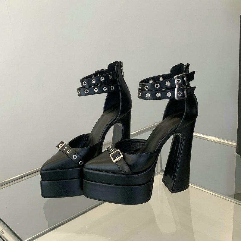 Fashion Pointy Chunky Sandals 2025 Spring And Summer New 14cm Black High Heels Waterproof Platform Women S Shoes Show Single Shoes 35 5659₽