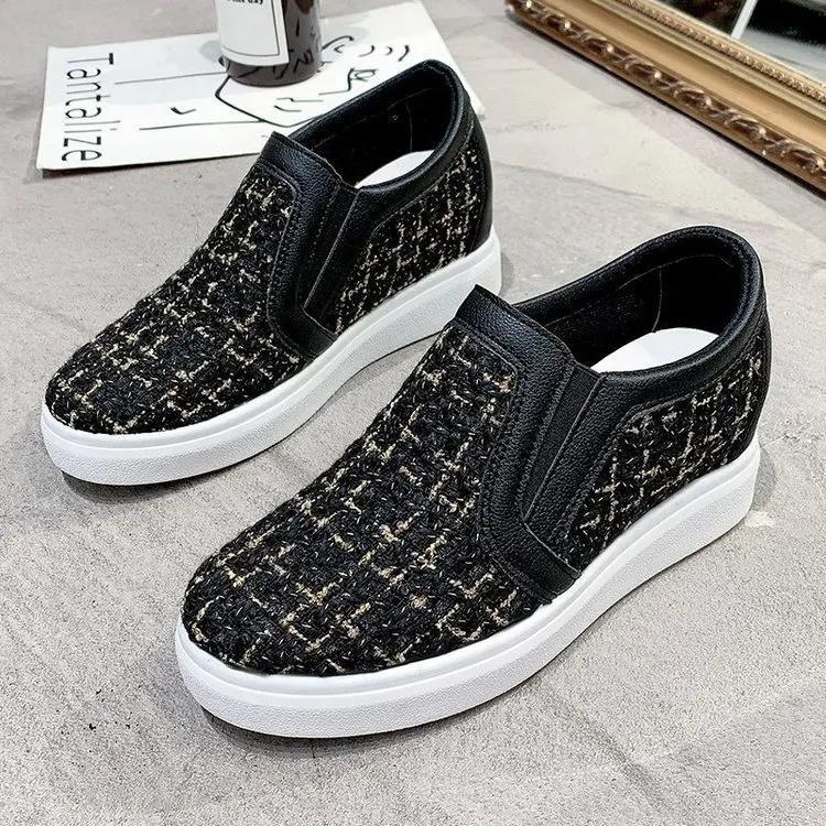 Fashion Hidden Wedge Sneakers Women Platform Checkered Loafers Women Tenis Feminino Wedges Shoes Slip-on Modis Clogs Dress Glitter Fall