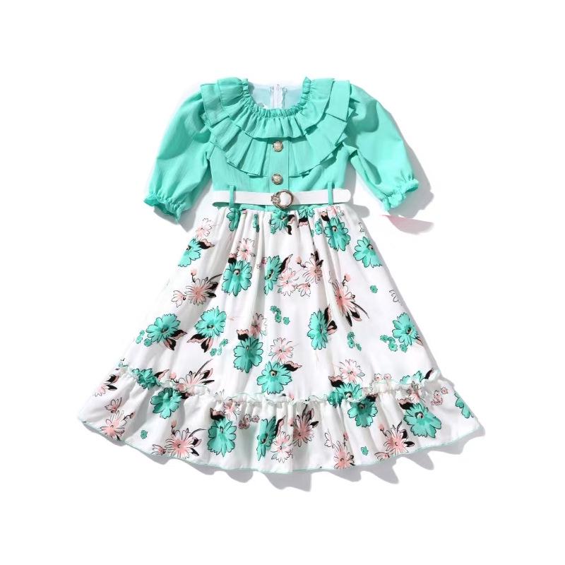 

Autumn Floral Lantern Sleeve Dress for Girls, Ages 3-8, A-line Casual Wear 95-105 cm нефритовый/зелёный