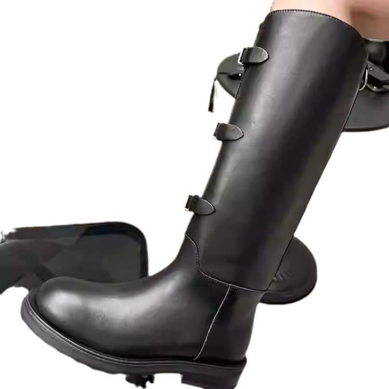 Martin Boots Women's Autumn and Winter New Leather Buckle Thick Heel Knight Boots Women's Knee Boots