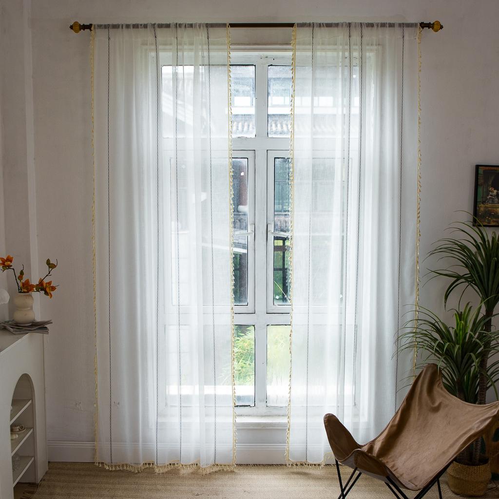 Curtain Finished Living Room Bedroom Decoration American Rod Pocket Stripe Three-Dimensional White Window Screen Curtain