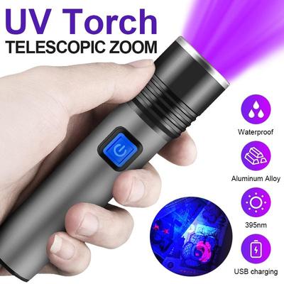1PC UV 395nm Flashlight Waterproof Zoomable USB Rechargeable UV Lamp for Pet Urine Black Light Inspection Ultraviolet Torchs