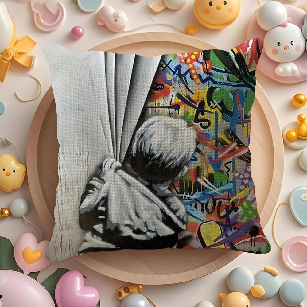 B-Banksy Street G-Graffiti Art Cushion Cover Natural Linen Organic Fabric Double-Sided Printing Sofa Home Decor Gift Pillow Case