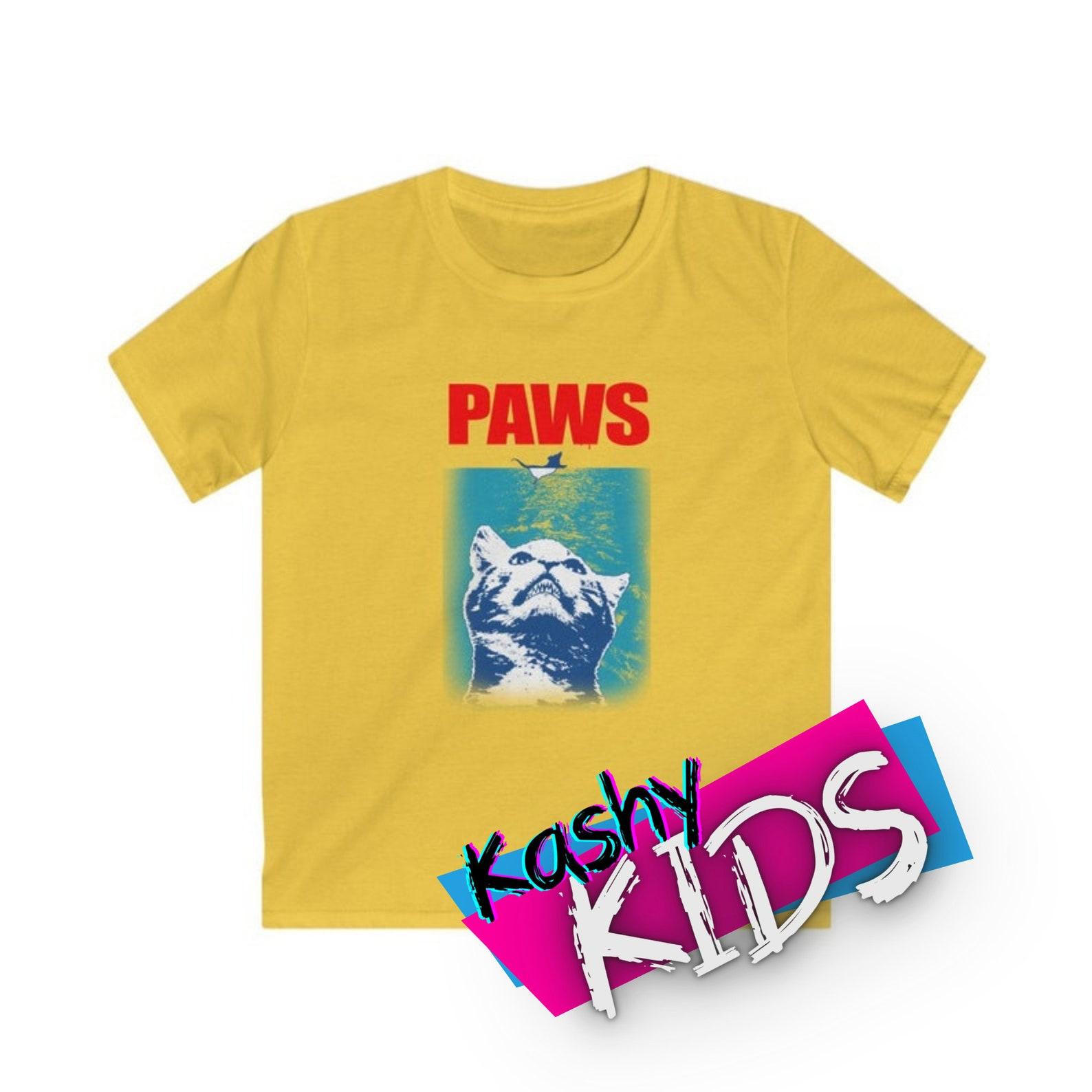 Paws Cat KIDS Shirt | Cat Lover Gift | Cat and Mouse Movie Mashup Parody T-Shirt | Boys Girls Youth Graphic Tee Shirt S
