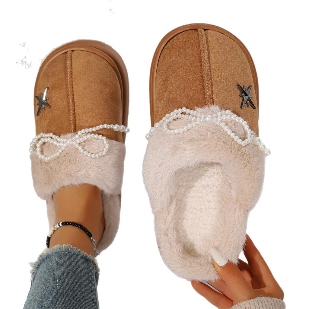 Fashion Fashion Perals Bowknot Fluffy Slippers Women 2025 Warm Faux Fur Platform Slides Woman Outdoor Comfort Non Slip Cotton Slippers