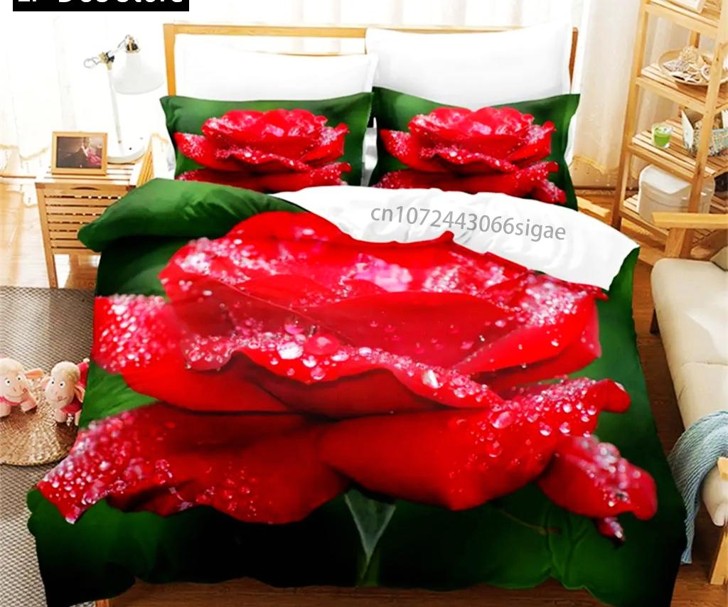 Flower Duvet Cover Set Bed Single Red Rose Quilt Cover 3D Comforter Bedding Sets 3pcs with Pillow Case King Size Full Wedding