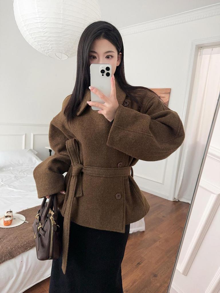 Retro Camel-Hair Short Wool Coat with Belt