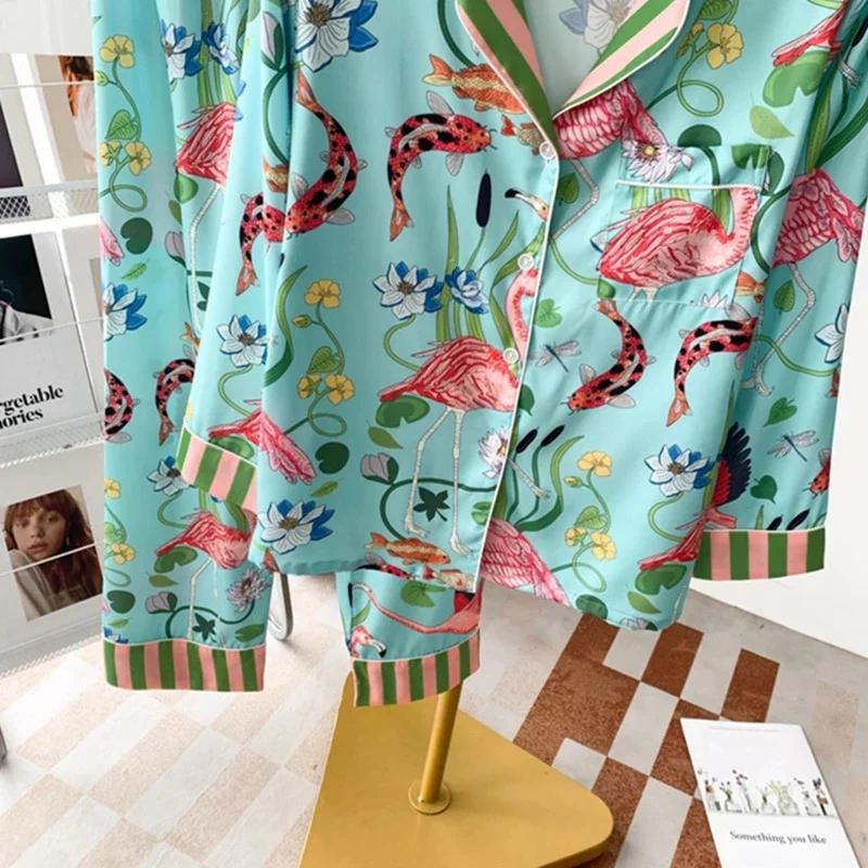 Flamingo Damen Sommer Frühling Satin Seide Illustration Blume Nachtwäsche Dünnes Zweiteiliges Set Pyjama