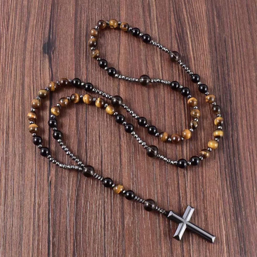 Natural Tiger Eye Stone Catholic Christ Rosary Car Hanging Ornament For Women Men Hematite Cross Pendant Mala Jewelry