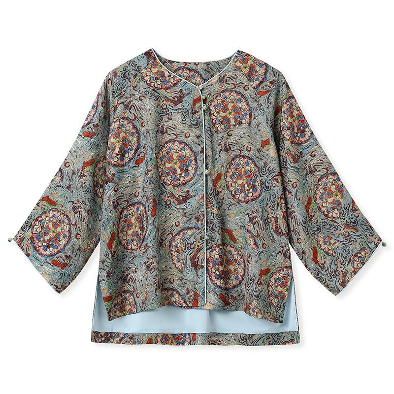 

High-End Asymmetrical Embroidered Silk Print Jacket, Chinese Style, Autumn Top N8042 Small світло-синій колір