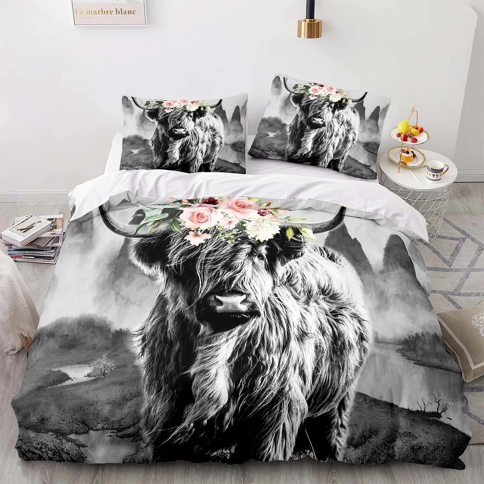 

Highland Cattle Animal Flower 3Dcomfortable Duvet Quilt Cover Pillowcase Bedding Set Children Bedroom Decoration Home Textile 70x133cm 2pcs