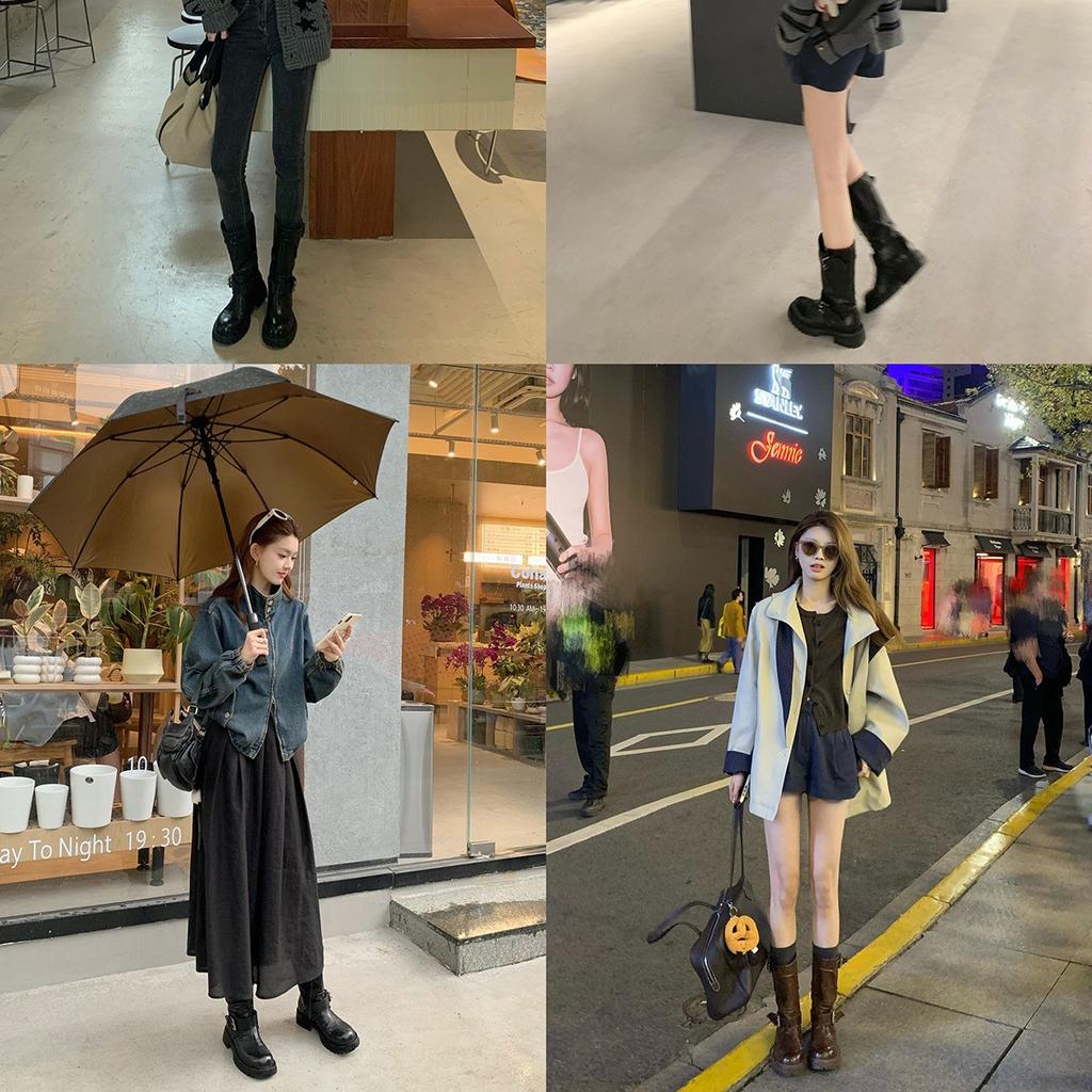 Leather Version Grape Ma Same Washed Horse Leather Kusa Round Head Buckle with Thick-soled Knight Boots Women's Medium Motorcycle Boots