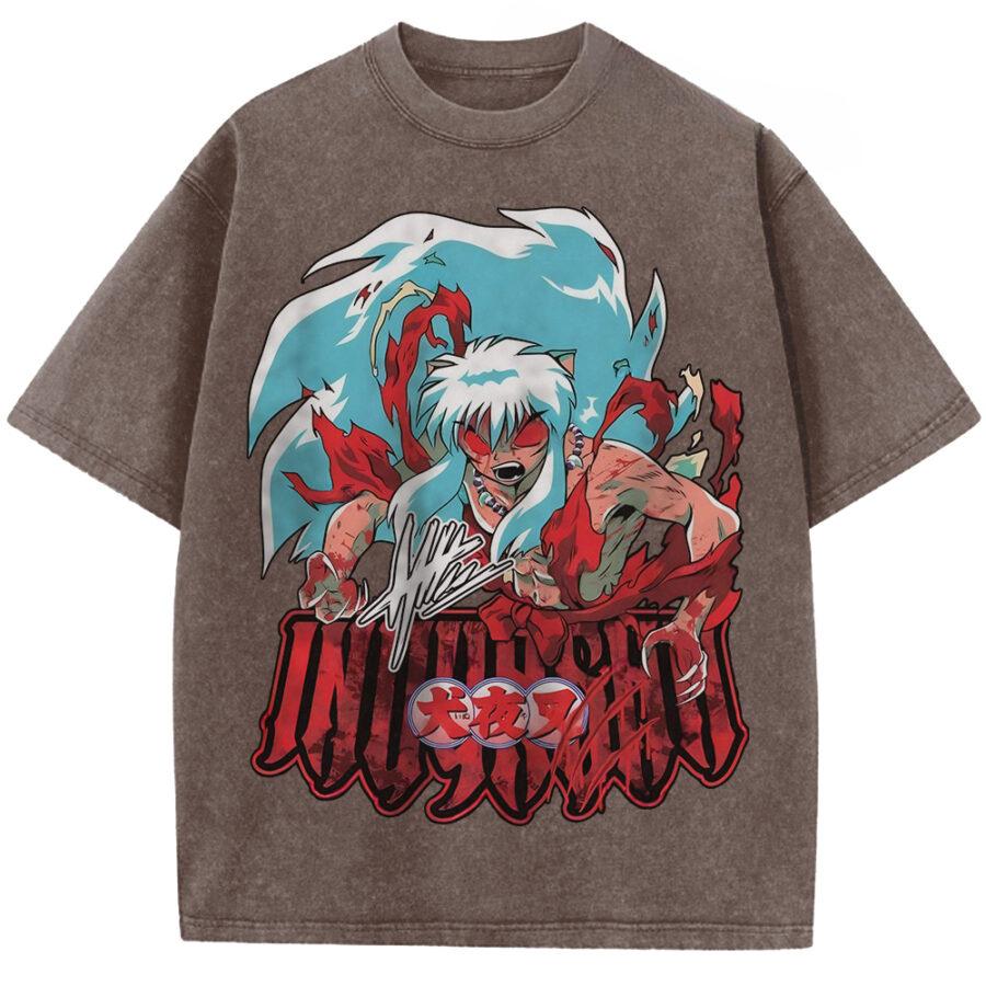 Inuyasha Print T-shirt Inuyasha Anime Clothing Men Short Sleeve Cotton Tshirts Vintage Washed Tee Harajuku Oversized T Shirt