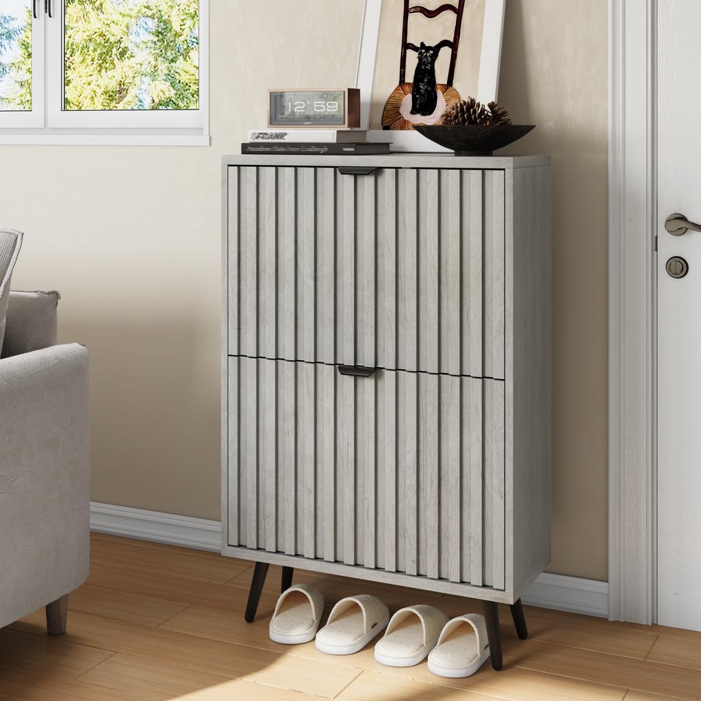 A Hidden Shoe Cabinet with a 60cm Grey Grooved Design and 2 Flip Drawers, Free-Standing, for Entryways, Hallways, Living Rooms and Closets