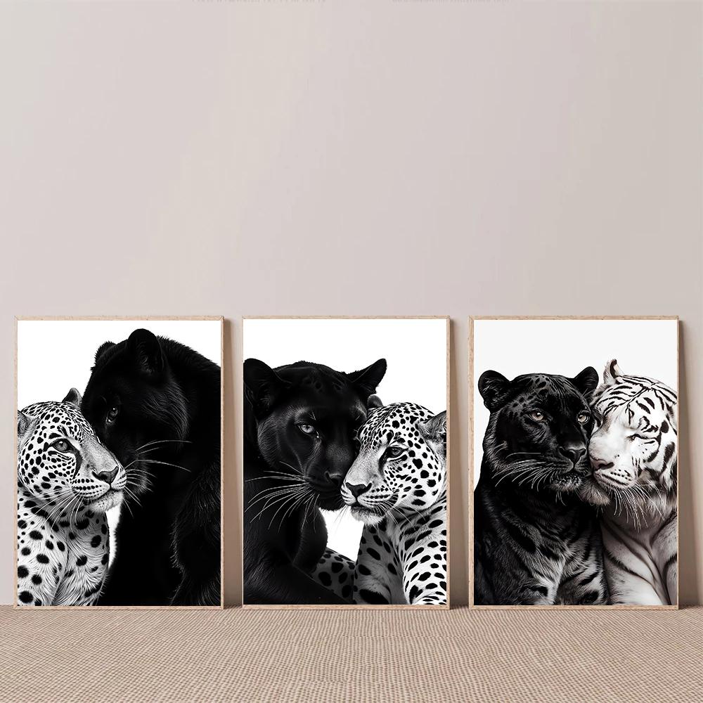 Pantera Negra Tigre Branco Leopardo Arte Pintura em Tela Impressão de Poster Vintage Parede Decoração Moderna Casa Sala de Estar Quarto Cozinha