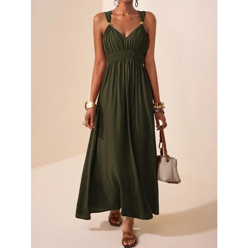 JPNTKY Moda Estiva Primaverile Colore Unico Stampa Senza Maniche Scollo a V Abiti Casual