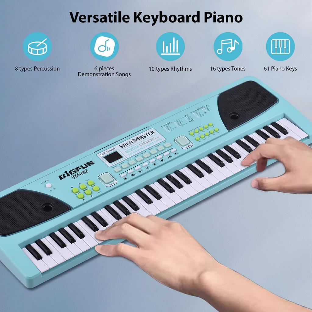 Btuty 61-Key Electronic Keyboard Piano 16 Tones 10 Rhythms 8 Percussions 6 Demo Songs Dual Speakers Recording and Chord Functions for Beginners
