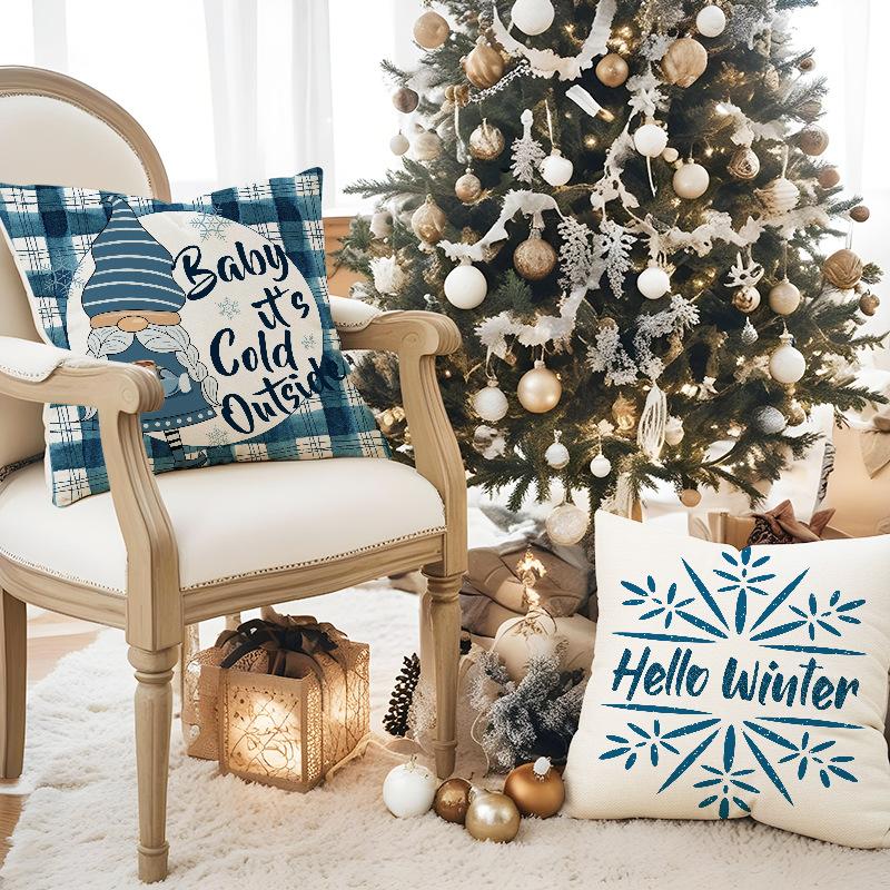 New Blue Plaid Christmas Pillowcase Linen Print Pillowcase Festive Room Sofa Decoration Cushion Cover