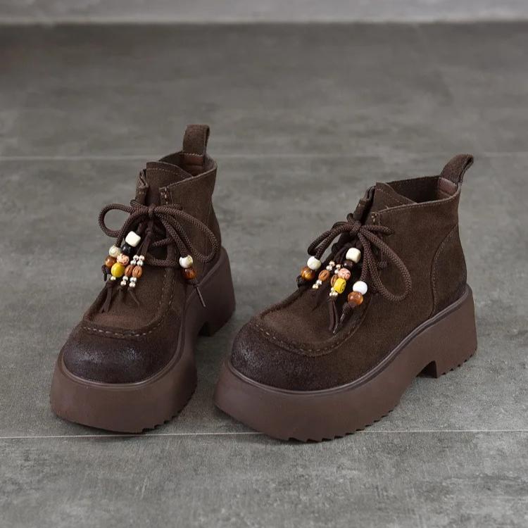 Johnature Thick Soled Handmade Beaded Round Toe Genuine Leather Short Boots Women's Lace-up Ankle Boots