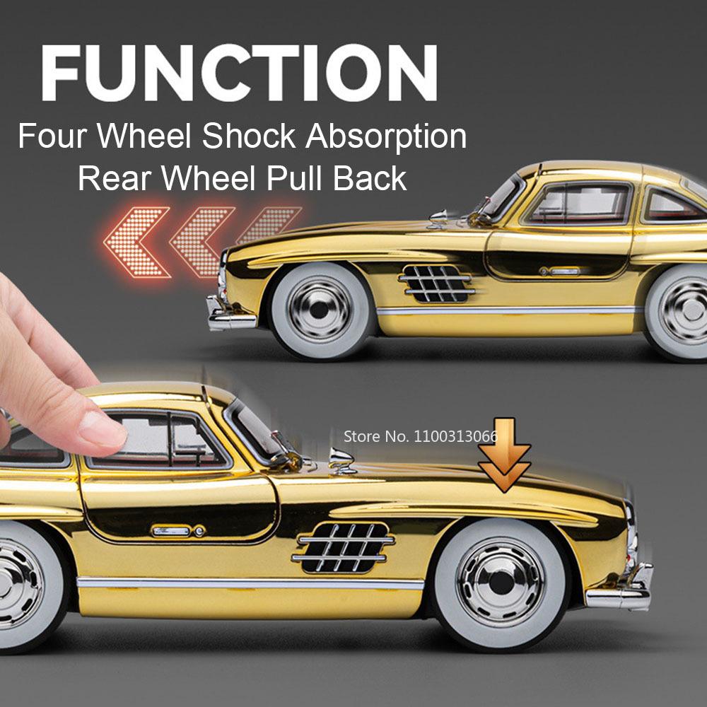1:24er Maßstab 300SL Modelle Oldtimer Spielzeug mit Rückzug, Licht, Musik Fahrzeugen 4 Türen zu öffnen Miniaturauto Jungen Sammlung Geschenke